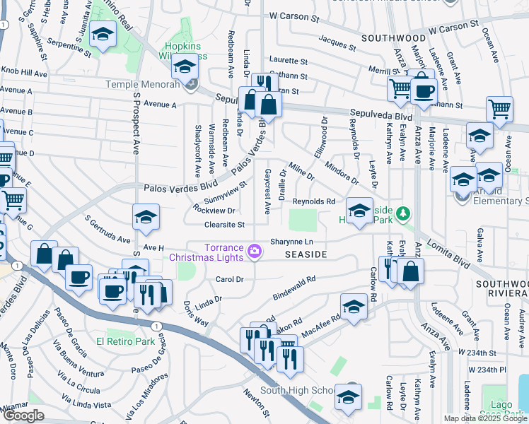 map of restaurants, bars, coffee shops, grocery stores, and more near 22709 Gaycrest Avenue in Torrance