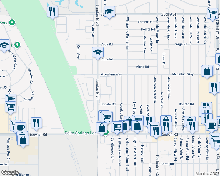 map of restaurants, bars, coffee shops, grocery stores, and more near 31200 Landau Boulevard in Cathedral City