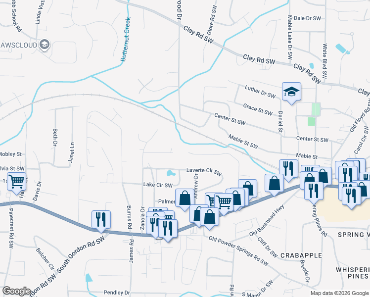 map of restaurants, bars, coffee shops, grocery stores, and more near 1359 Vonda Lane Southwest in Mableton