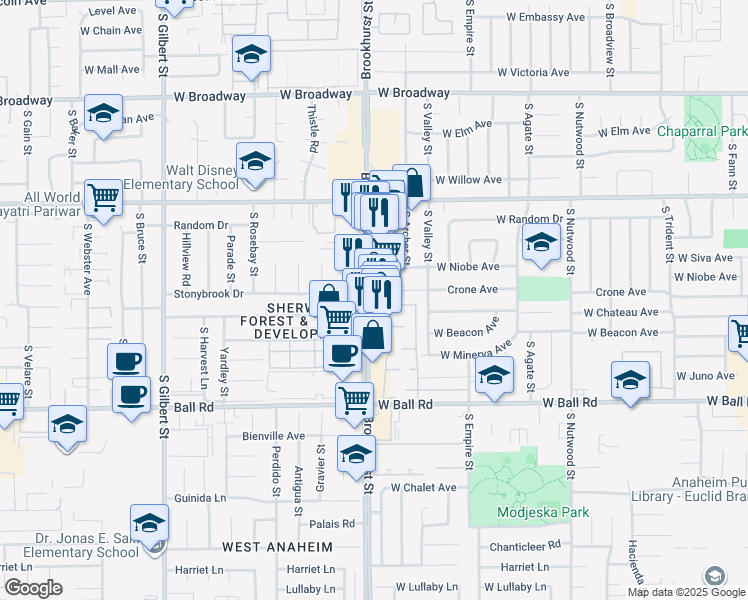 map of restaurants, bars, coffee shops, grocery stores, and more near 710 South Brookhurst Street in Anaheim