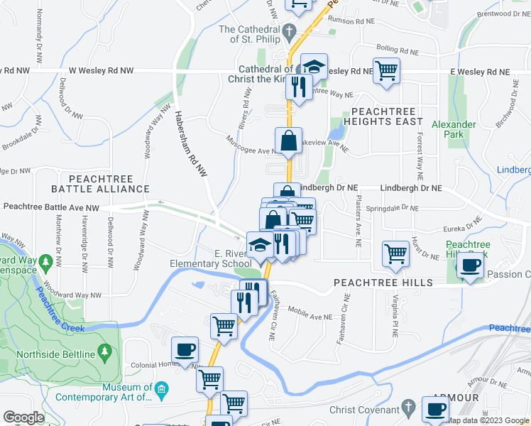 map of restaurants, bars, coffee shops, grocery stores, and more near 2440 Peachtree Road Northwest in Atlanta
