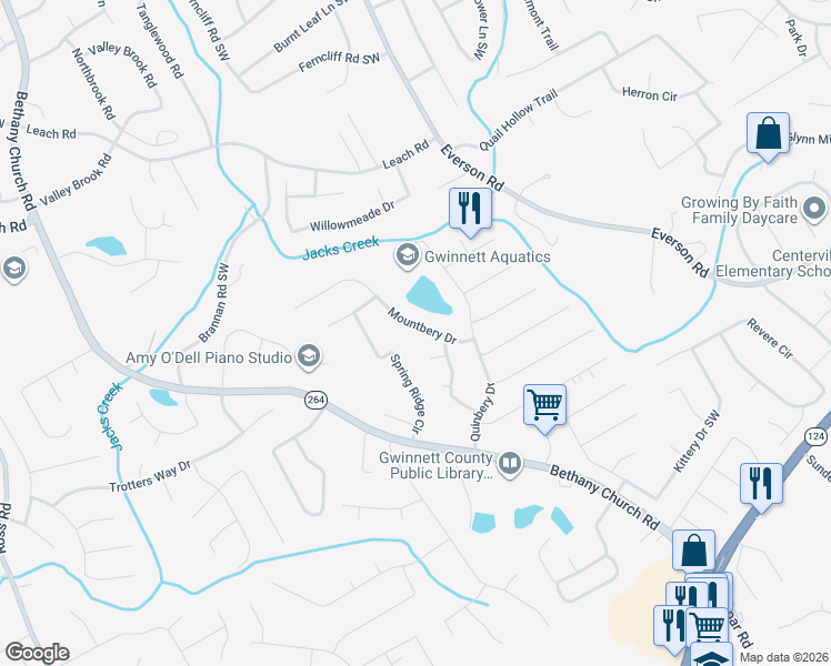 map of restaurants, bars, coffee shops, grocery stores, and more near 2857 Mountbery Drive in Snellville