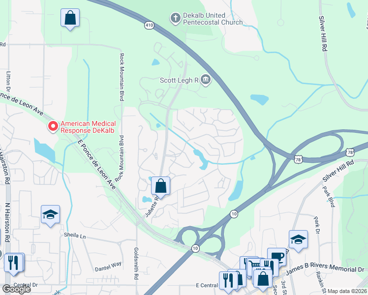 map of restaurants, bars, coffee shops, grocery stores, and more near 2704 Tree Mountain Parkway in Stone Mountain