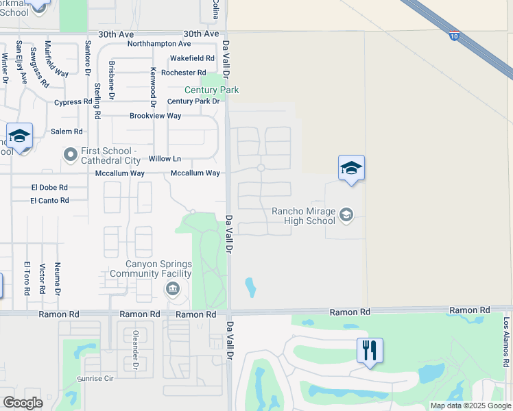 map of restaurants, bars, coffee shops, grocery stores, and more near 171 Via Martelli in Rancho Mirage