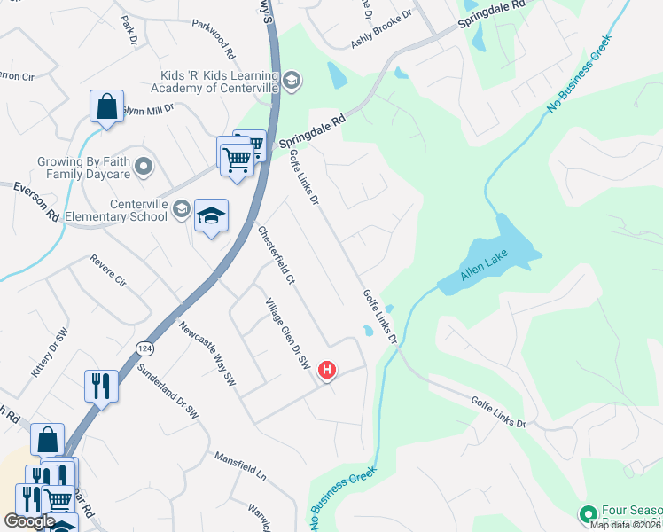 map of restaurants, bars, coffee shops, grocery stores, and more near 3185 Golfe Links Drive in Snellville