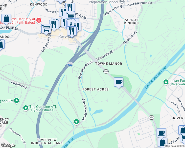 map of restaurants, bars, coffee shops, grocery stores, and more near 2325 Elmwood Circle Southeast in Smyrna