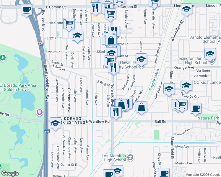 map of restaurants, bars, coffee shops, grocery stores, and more near 8065 East Ring Street in Long Beach