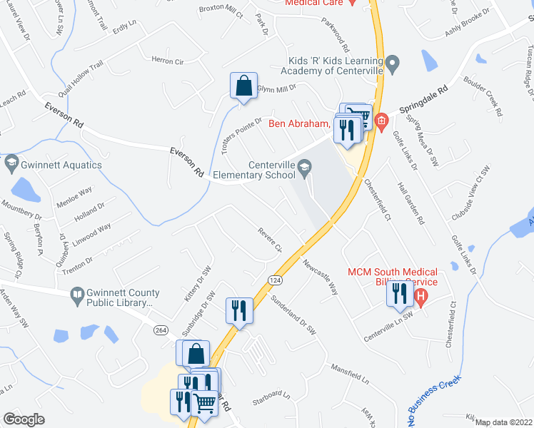 map of restaurants, bars, coffee shops, grocery stores, and more near 3440 Quinn Ridge Drive in Snellville