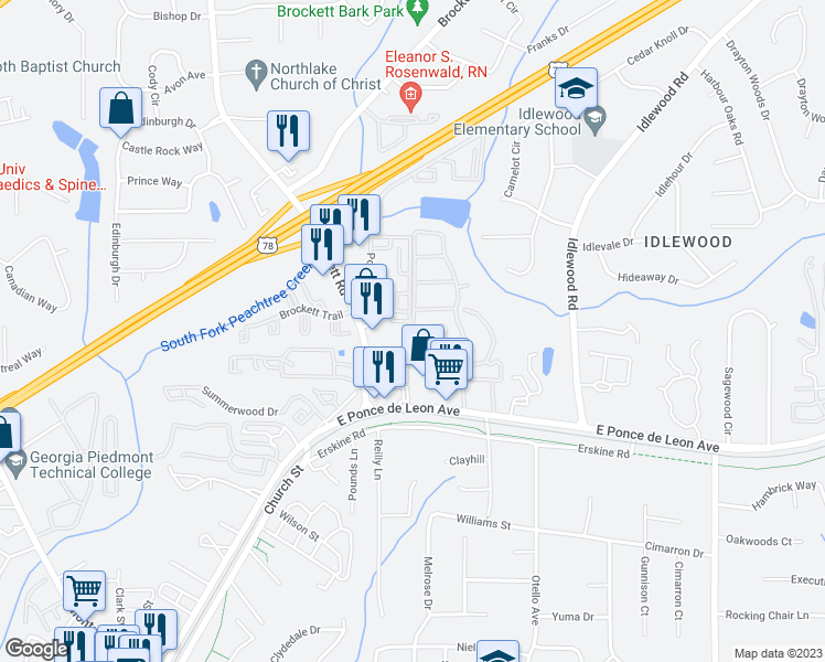 map of restaurants, bars, coffee shops, grocery stores, and more near Brockett Road in Clarkston