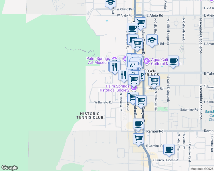 map of restaurants, bars, coffee shops, grocery stores, and more near 500 West Arenas Road in Palm Springs