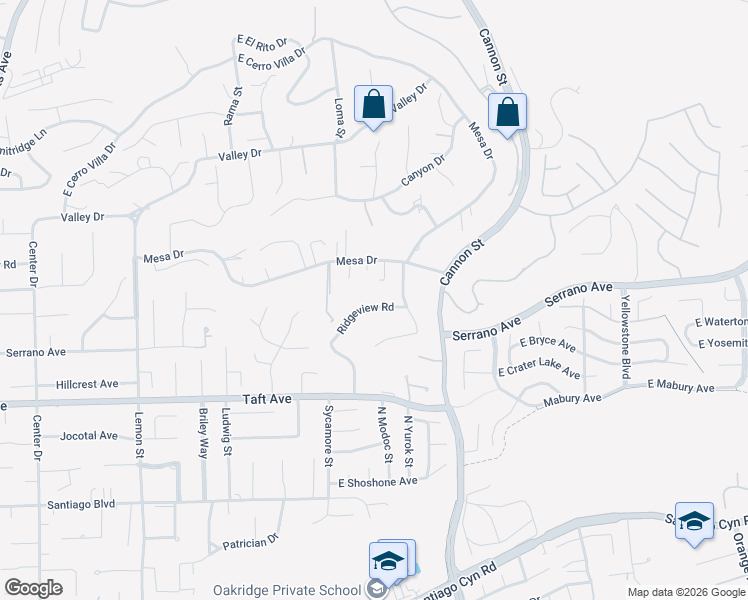 map of restaurants, bars, coffee shops, grocery stores, and more near 19111 Ridgeview Road in Villa Park