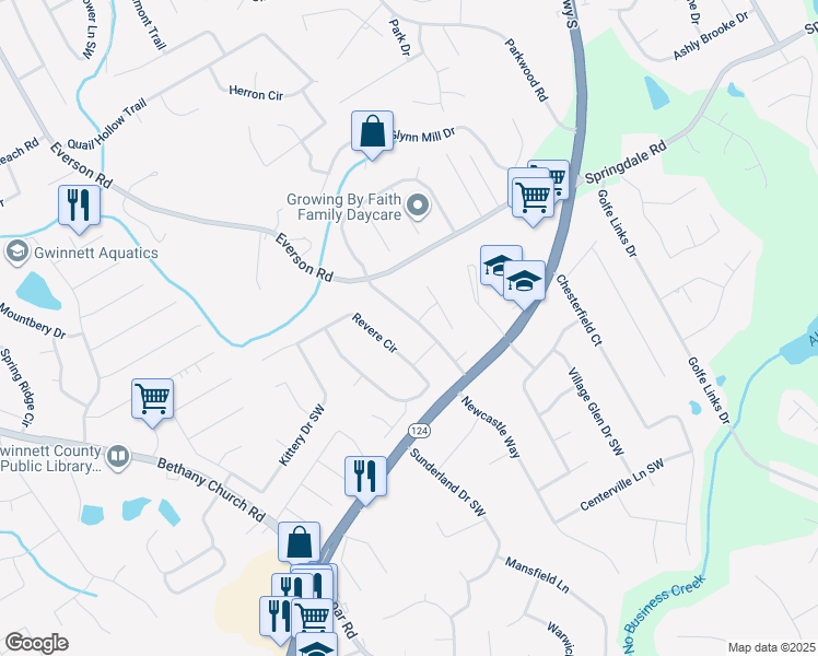 map of restaurants, bars, coffee shops, grocery stores, and more near 3440 Quinn Ridge Drive in Snellville