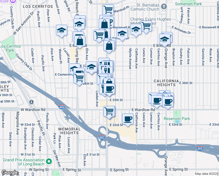 map of restaurants, bars, coffee shops, grocery stores, and more near in Long Beach