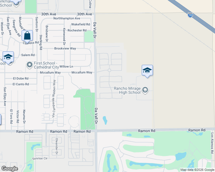 map of restaurants, bars, coffee shops, grocery stores, and more near 171 Via Martelli in Rancho Mirage