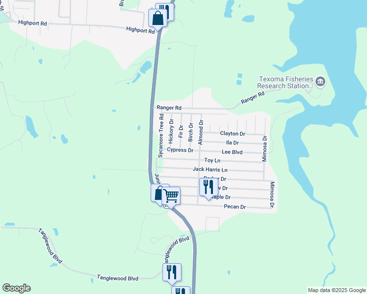 map of restaurants, bars, coffee shops, grocery stores, and more near 145 Birch Drive in Pottsboro
