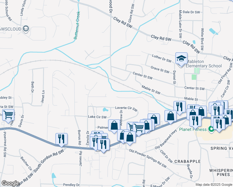 map of restaurants, bars, coffee shops, grocery stores, and more near 1349 Vonda Lane Southwest in Mableton