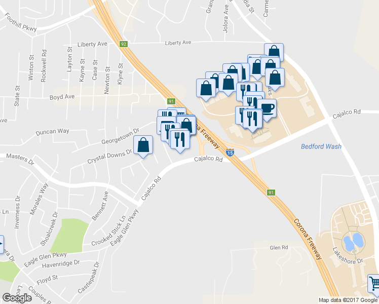 map of restaurants, bars, coffee shops, grocery stores, and more near 2261 Eagle Glen Parkway in Corona