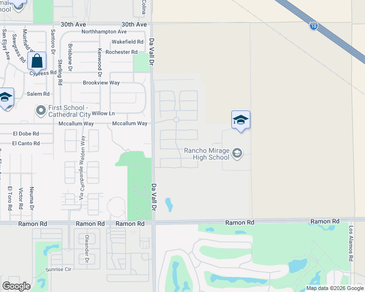 map of restaurants, bars, coffee shops, grocery stores, and more near 241 Via Martelli in Rancho Mirage