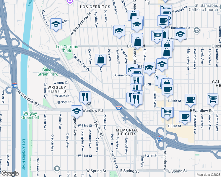 map of restaurants, bars, coffee shops, grocery stores, and more near 106 East 36th Street in Long Beach
