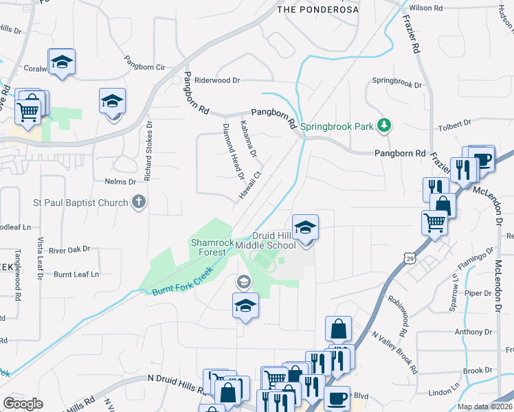 map of restaurants, bars, coffee shops, grocery stores, and more near 2711 Hawaii Court in Decatur
