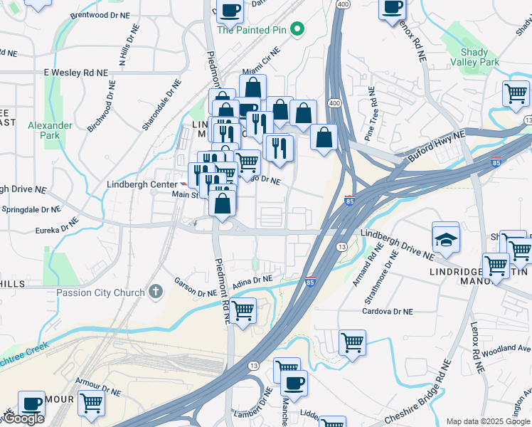 map of restaurants, bars, coffee shops, grocery stores, and more near 621 Broadview Terrace Northeast in Atlanta