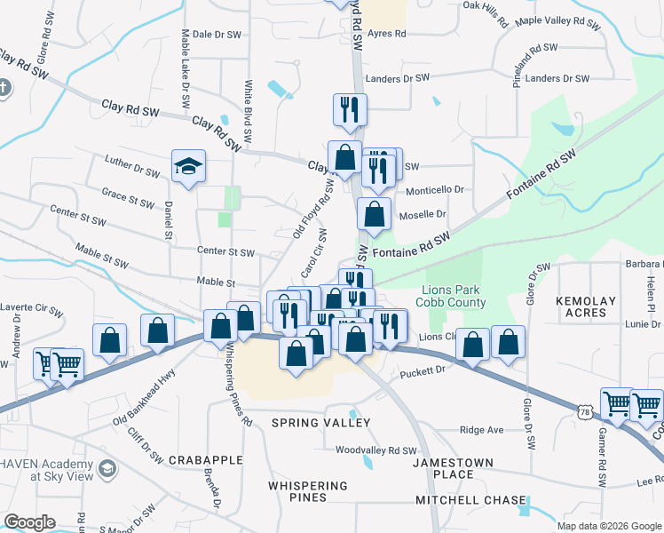 map of restaurants, bars, coffee shops, grocery stores, and more near 772 Fontaine Road Southwest in Mableton
