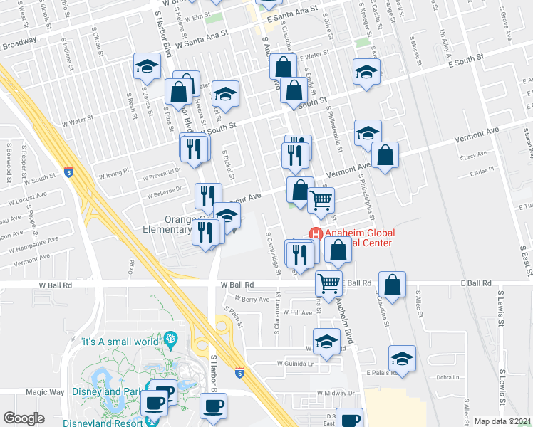 map of restaurants, bars, coffee shops, grocery stores, and more near 905 South Lemon Street in Anaheim