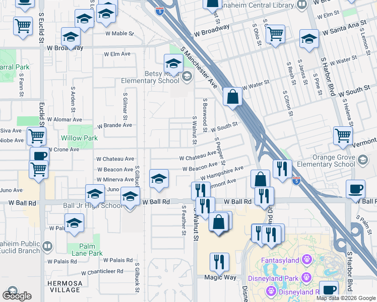 map of restaurants, bars, coffee shops, grocery stores, and more near 735 South Walnut Street in Anaheim