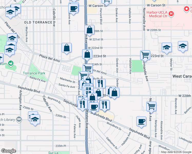 map of restaurants, bars, coffee shops, grocery stores, and more near 1646 Plaza del Amo in Torrance