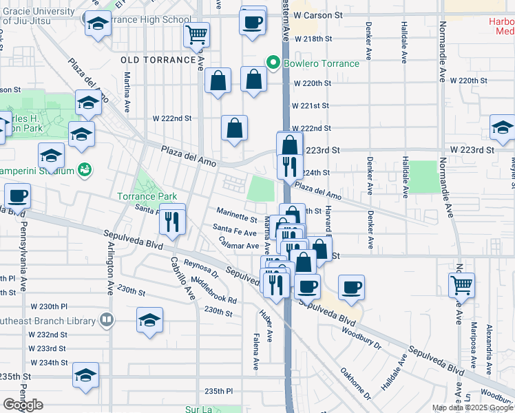map of restaurants, bars, coffee shops, grocery stores, and more near 1735 Lincoln Avenue in Torrance
