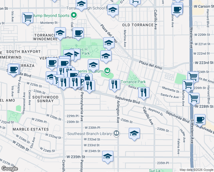 map of restaurants, bars, coffee shops, grocery stores, and more near 2715 Orange Avenue in Torrance