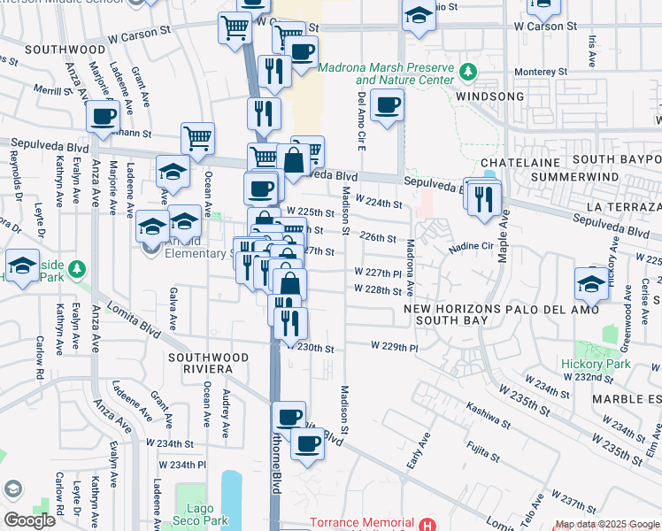 map of restaurants, bars, coffee shops, grocery stores, and more near 3614 West 227th Street in Torrance