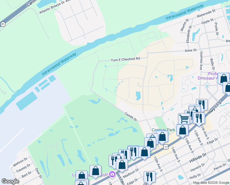 map of restaurants, bars, coffee shops, grocery stores, and more near 1580 Cenith Dr in North Myrtle Beach