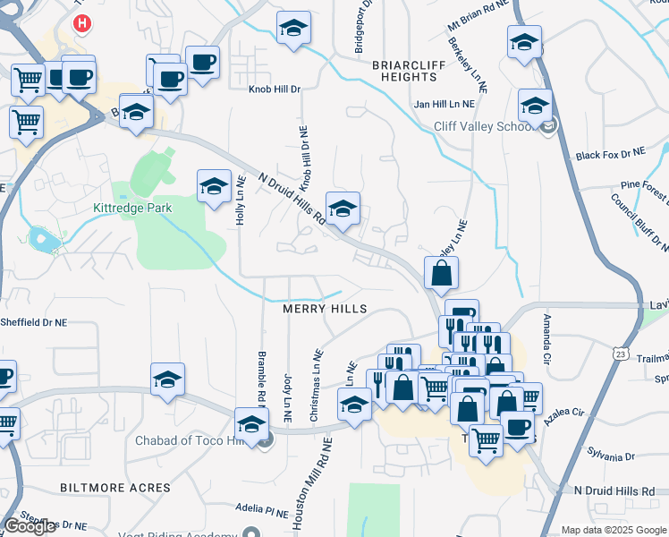 map of restaurants, bars, coffee shops, grocery stores, and more near 1728 North Holly Lane Northeast in Atlanta