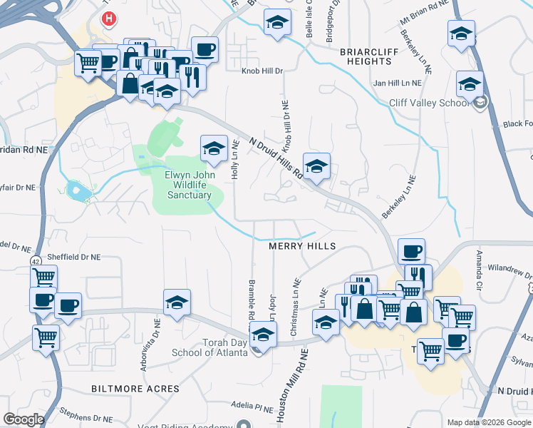map of restaurants, bars, coffee shops, grocery stores, and more near 1376 North Crossing Drive in Atlanta