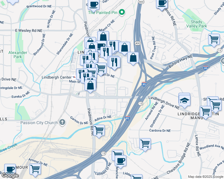 map of restaurants, bars, coffee shops, grocery stores, and more near 581 Broadview Place Northeast in Atlanta