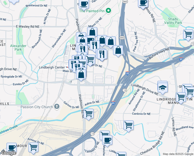 map of restaurants, bars, coffee shops, grocery stores, and more near 621 Broadview Terrace Northeast in Atlanta