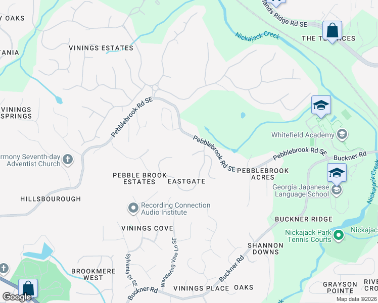 map of restaurants, bars, coffee shops, grocery stores, and more near 1176 Pebblebrook Road Southeast in Mableton