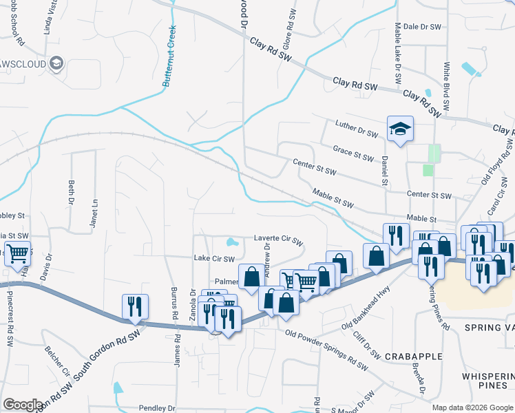 map of restaurants, bars, coffee shops, grocery stores, and more near 1349 Vonda Lane Southwest in Mableton
