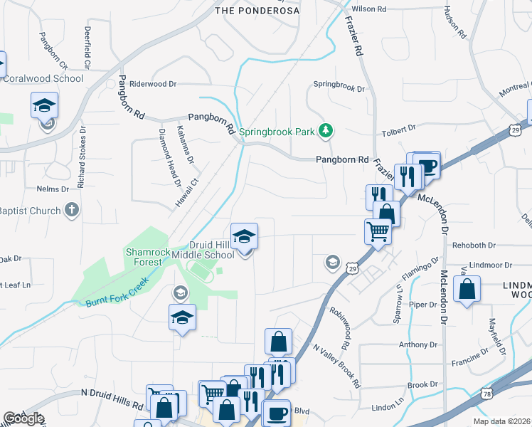 map of restaurants, bars, coffee shops, grocery stores, and more near 2876 Faraday Court in Decatur