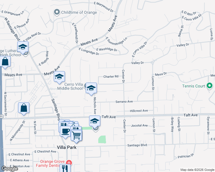 map of restaurants, bars, coffee shops, grocery stores, and more near 18101 James Road in Villa Park