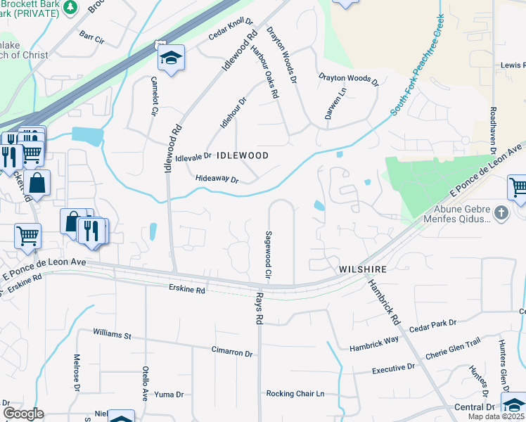 map of restaurants, bars, coffee shops, grocery stores, and more near 1406 Sagewood Circle in Stone Mountain