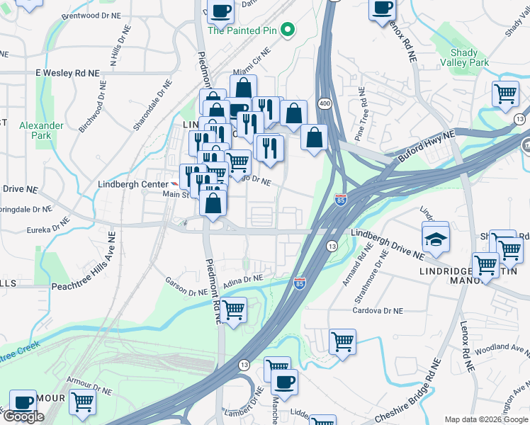 map of restaurants, bars, coffee shops, grocery stores, and more near 581 Broadview Place Northeast in Atlanta
