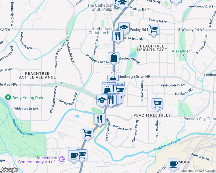 map of restaurants, bars, coffee shops, grocery stores, and more near 2440 Peachtree Road Northwest in Atlanta