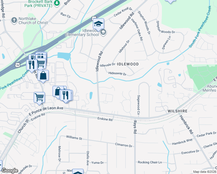 map of restaurants, bars, coffee shops, grocery stores, and more near 4092 Brookside Manor Drive in Tucker