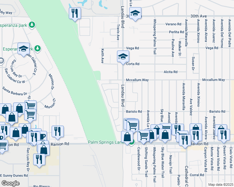 map of restaurants, bars, coffee shops, grocery stores, and more near 31185 Calle Agate in Cathedral City