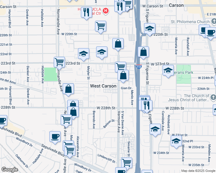 map of restaurants, bars, coffee shops, grocery stores, and more near 22533 South Vermont Avenue in Torrance