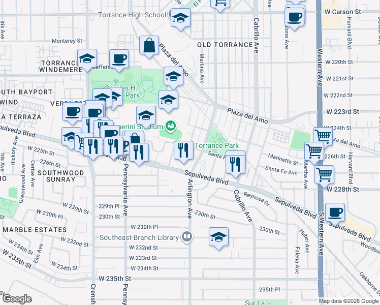 map of restaurants, bars, coffee shops, grocery stores, and more near 2072 Santa Fe Avenue in Torrance