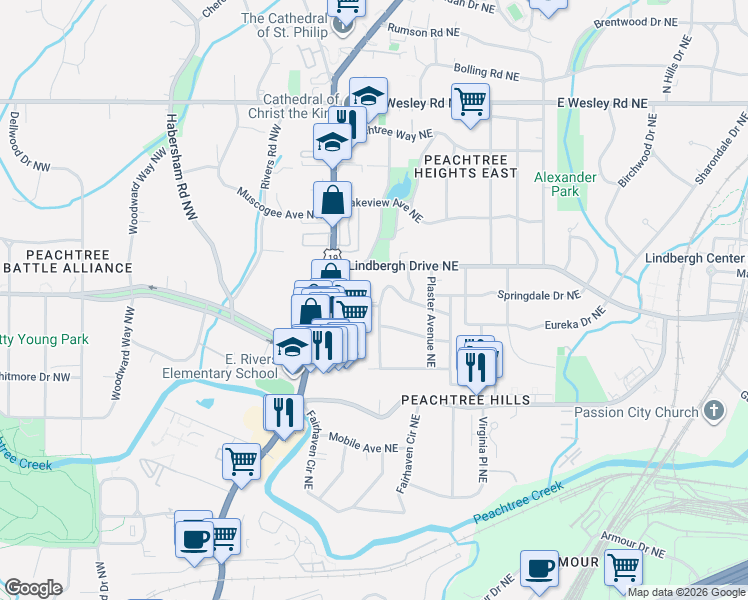 map of restaurants, bars, coffee shops, grocery stores, and more near 108 Terrace Drive Northeast in Atlanta