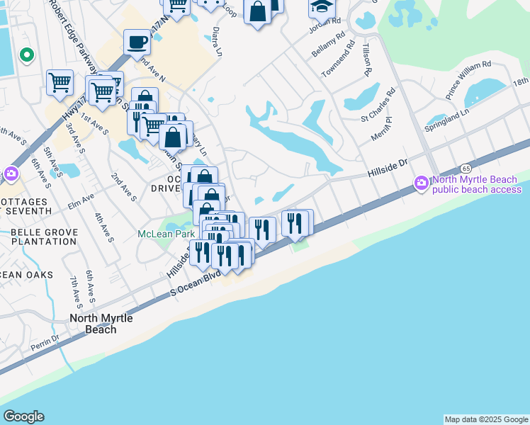 map of restaurants, bars, coffee shops, grocery stores, and more near 209 North Hillside Drive in North Myrtle Beach